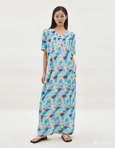 Half-sleeved dress in pure cotton with lace and a V-neck with three buttons 25-09-A-1