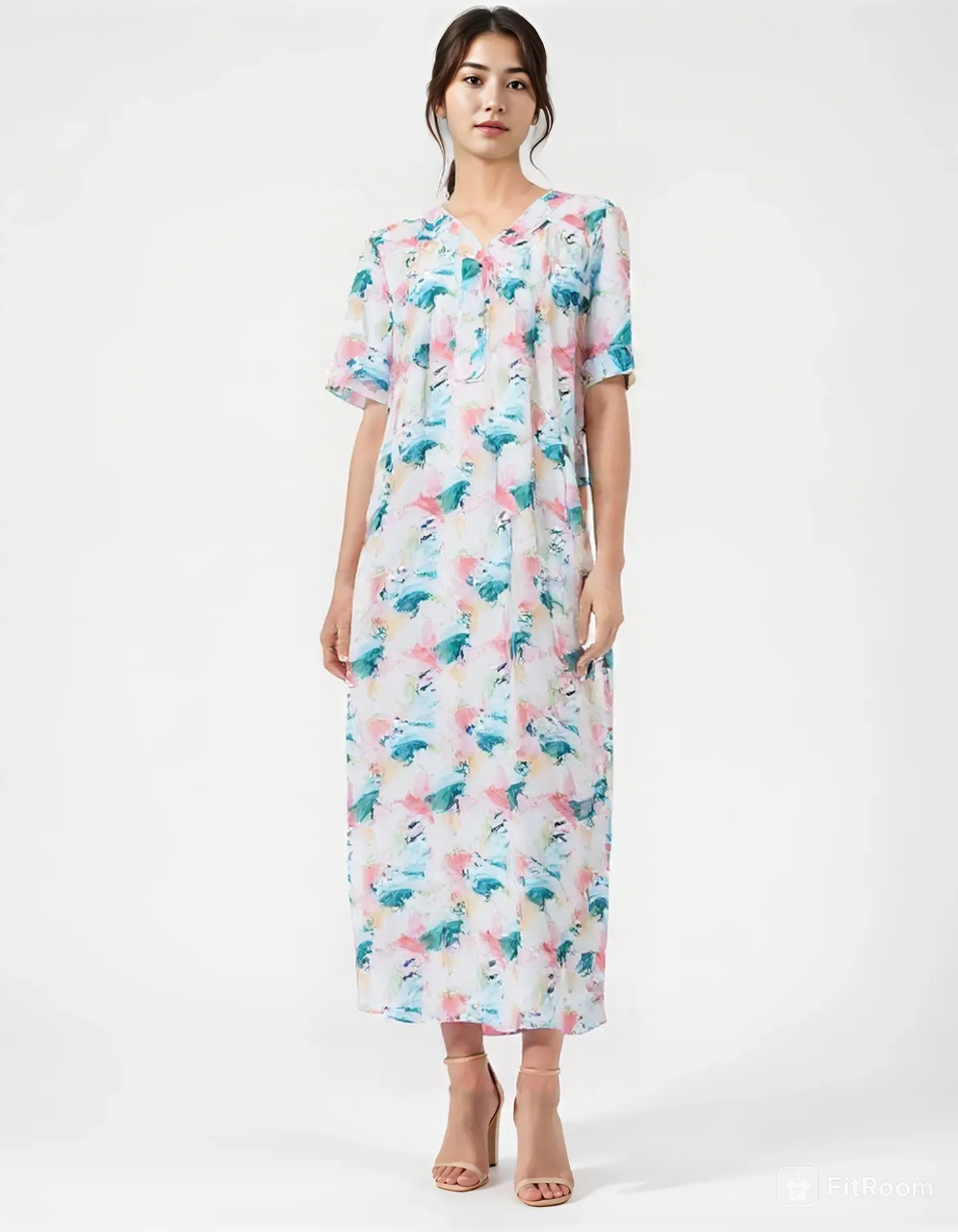 Half-sleeved dress in pure cotton with lace and a V-neck with three buttons 25-09-A-3