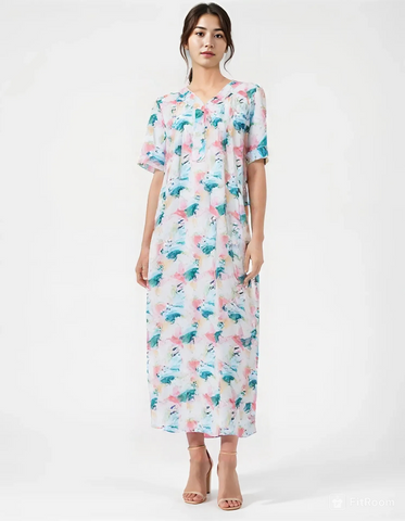 Half-sleeved dress in pure cotton with lace and a V-neck with three buttons 25-09-A-3