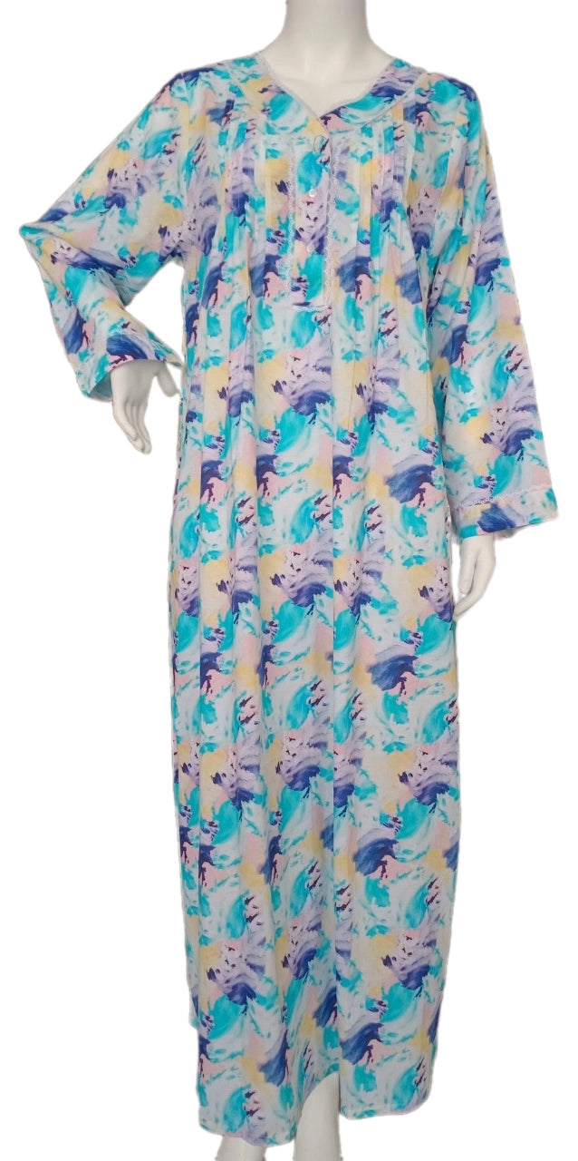 Long-sleeved dress in lightweight pure cotton with lace and front buttons 25-09-B-1