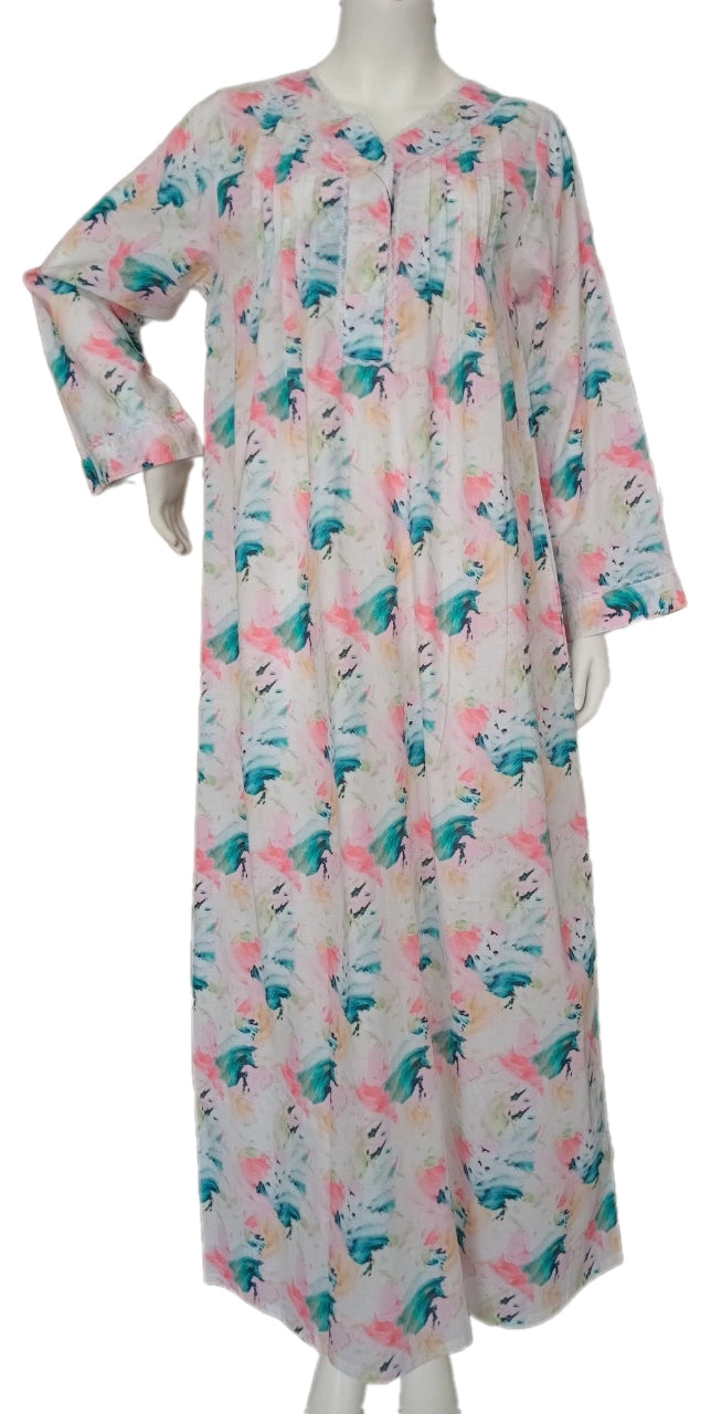 Long-sleeved dress in lightweight pure cotton with lace and front buttons 25-09-B-3