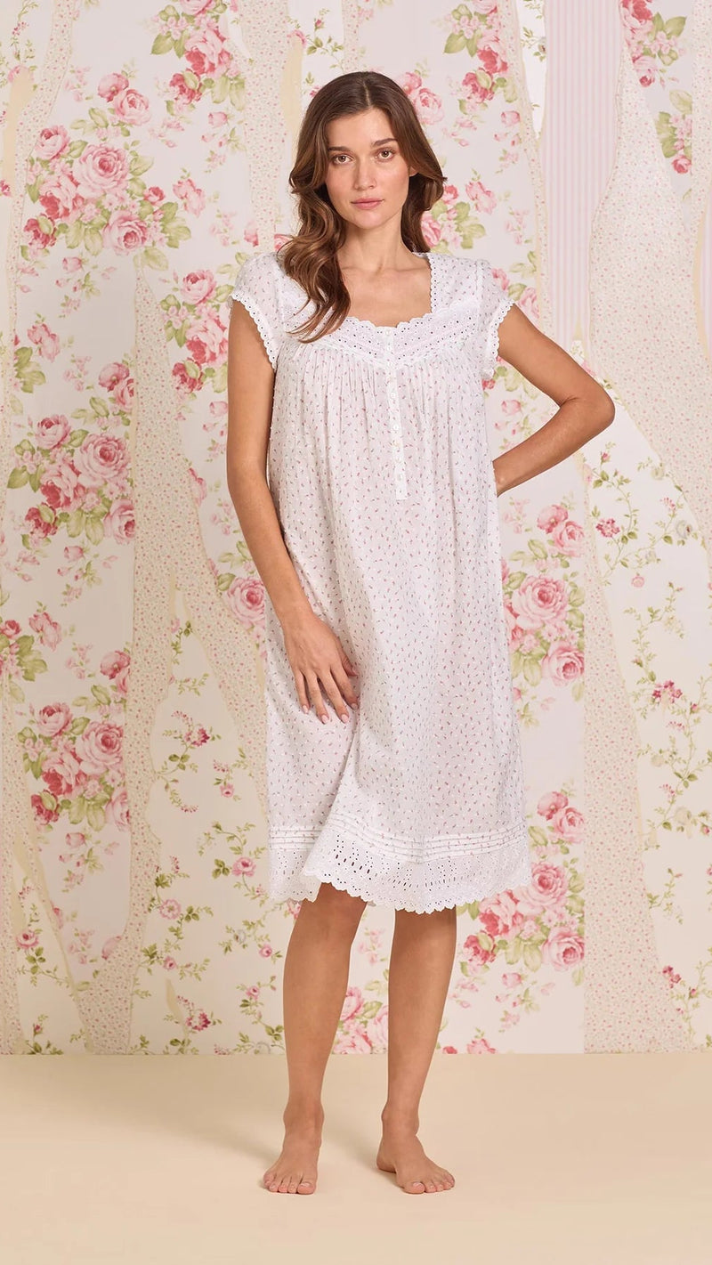 Rosebud Sprig Cotton Swiss Dot Cap Sleeve Waltz Nightgown E60128-149