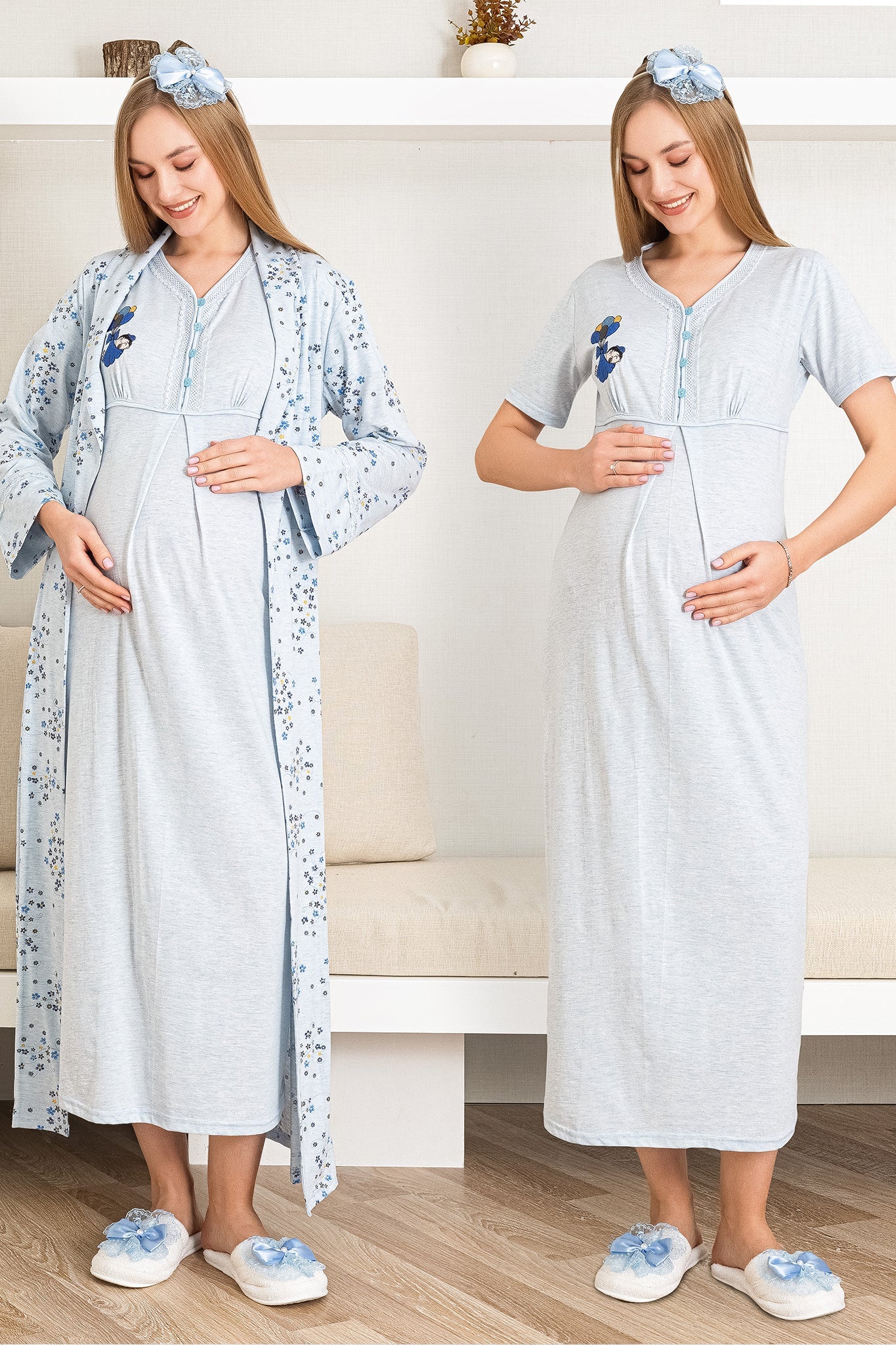 Maternity Nightgown and Dressing Gown / Short Sleeve, Embroidered Nightgown and Patterned Dressing Gown Set - 2289