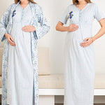 Maternity Nightgown and Dressing Gown / Short Sleeve, Embroidered Nightgown and Patterned Dressing Gown Set - 2289