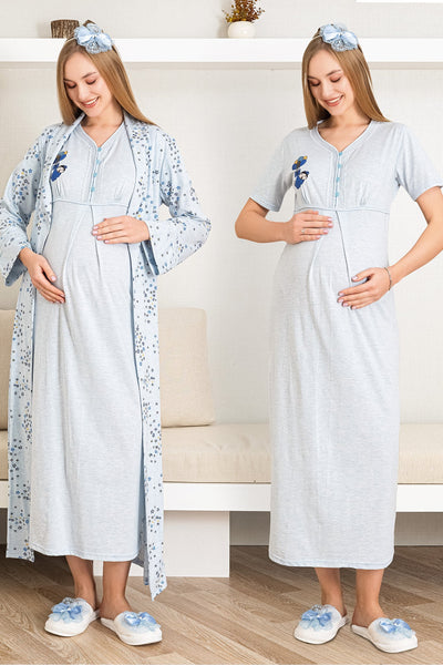 Maternity Nightgown and Dressing Gown / Short Sleeve, Embroidered Nightgown and Patterned Dressing Gown Set - 2289