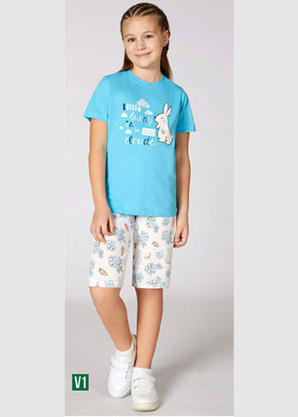 Girls' Cotton Pajamas with Bunny in the Cloud Graphic 3352
