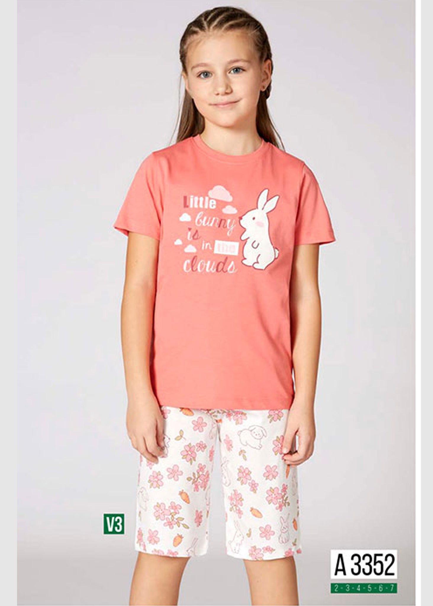 Girls' Cotton Pajamas with Bunny in the Cloud Graphic 3352