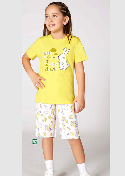 Girls' Cotton Pajamas with Bunny in the Cloud Graphic 3352
