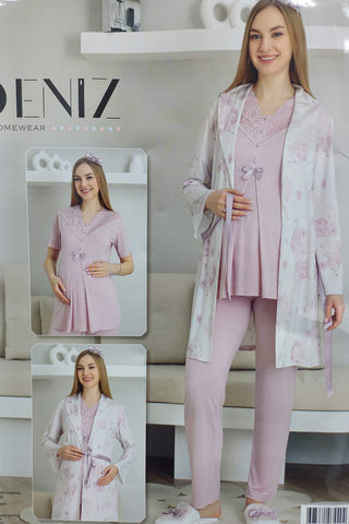 Melisa Pajama and Dressing Gown Set / 3-Piece Maternity & Pregnancy Set / Short Sleeve, Buttoned Front Pajamas 3440