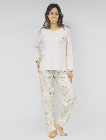 Women's pajama top with pants. Long sleeve, cool cotton, made in Portugal. 3719