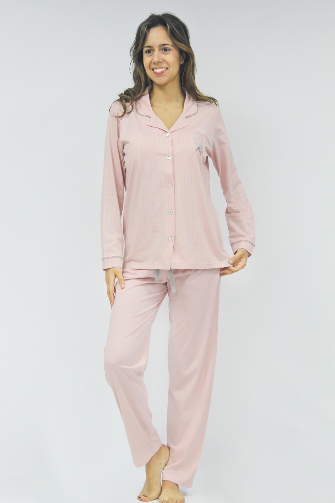 Women's striped pajamas with collar, full buttons, and plain pants 3740