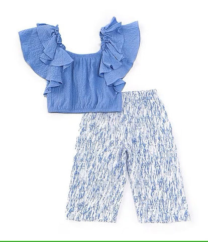 Little Girls 4-16 Flutter Sleeve Textured Woven Top & Printed Textured Woven Pant Set 12393