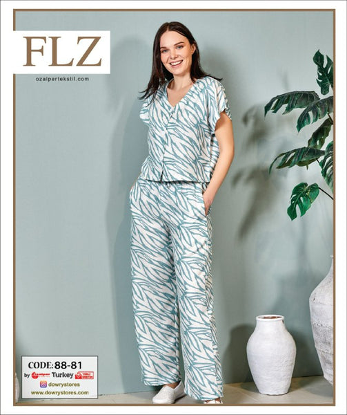 WOMEN'S SUMMER WOVEN TROUSERS SHORT SLEEVE LACE DETAILED SUIT HOMEWEAR FLZ 88-81