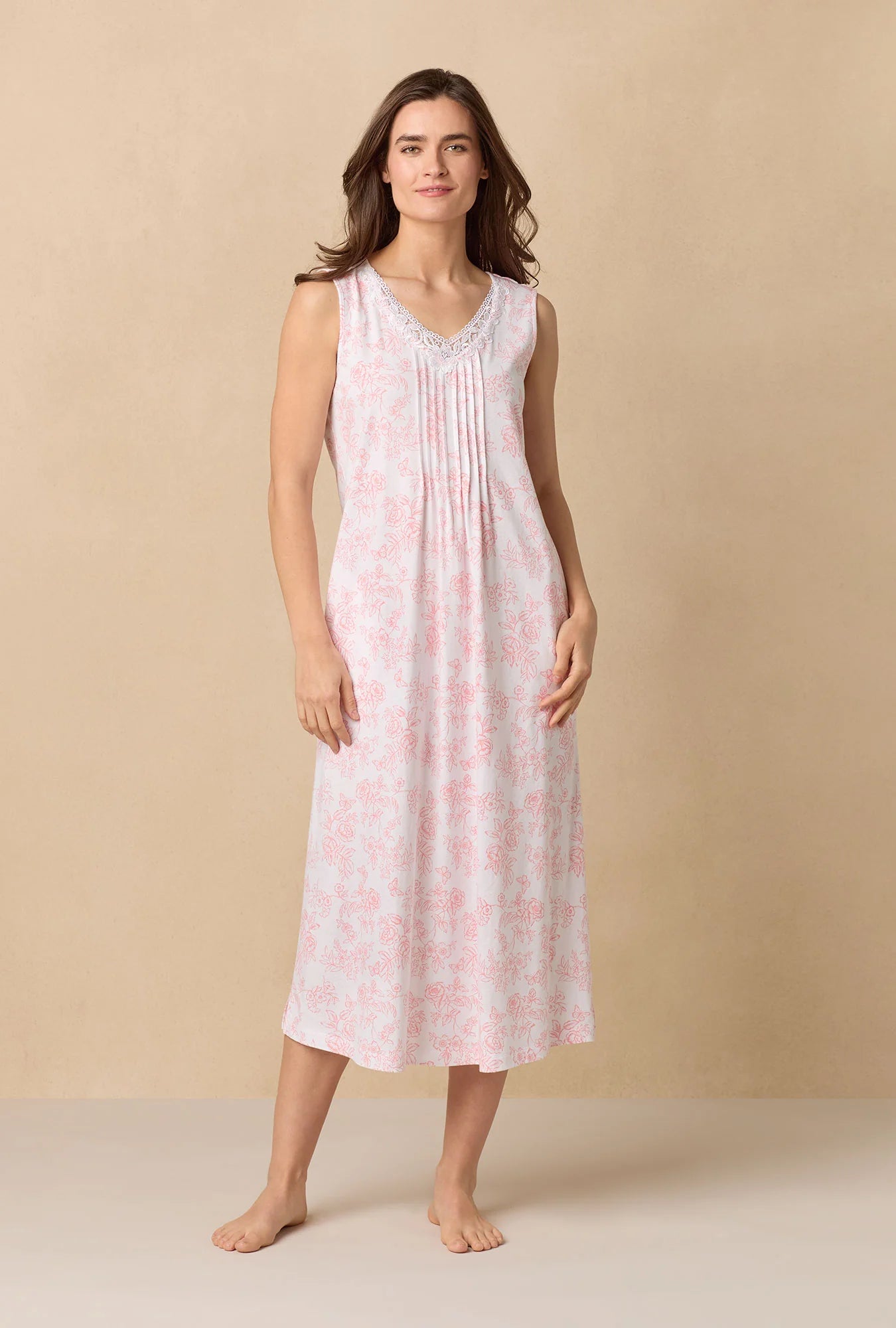 Coral Toile Long Sleeveless Cotton Knit Nightgown 72672-817-