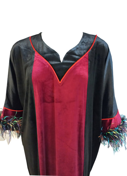 Women's half-zip velvet dress with long sleeves and ostrich feathers 4501