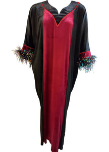 Women's half-zip velvet dress with long sleeves and ostrich feathers 4501