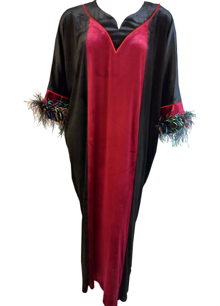 Women's half-zip velvet dress with long sleeves and ostrich feathers 4501