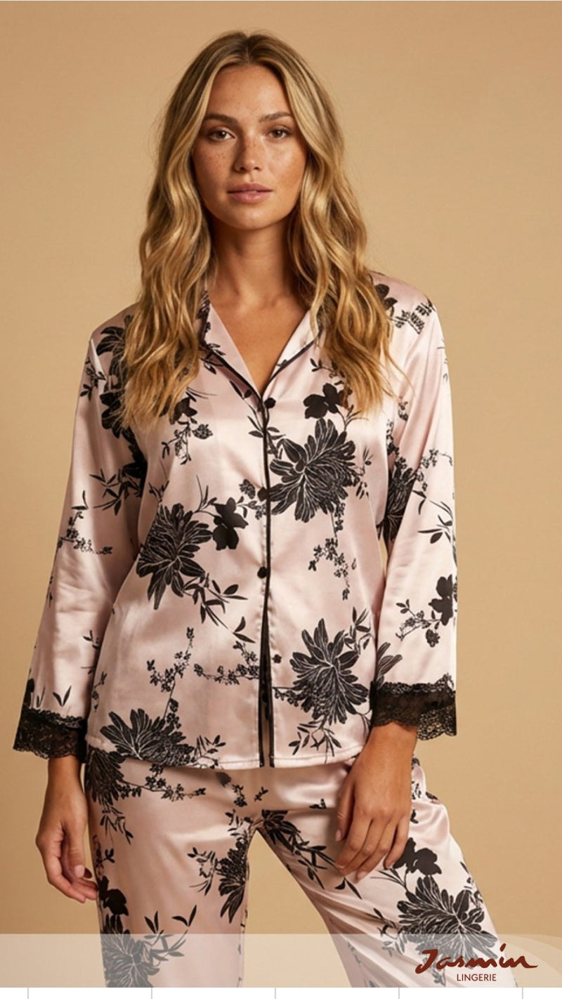 Jasmin Lingerie Women's Floral Satin Pajamas with Lace-Trimmed Sleeves – Model 583