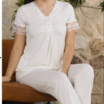 Comfortable two-piece women's summer pajama set (short-sleeved lace-trimmed top and classic-style trousers) 20616
