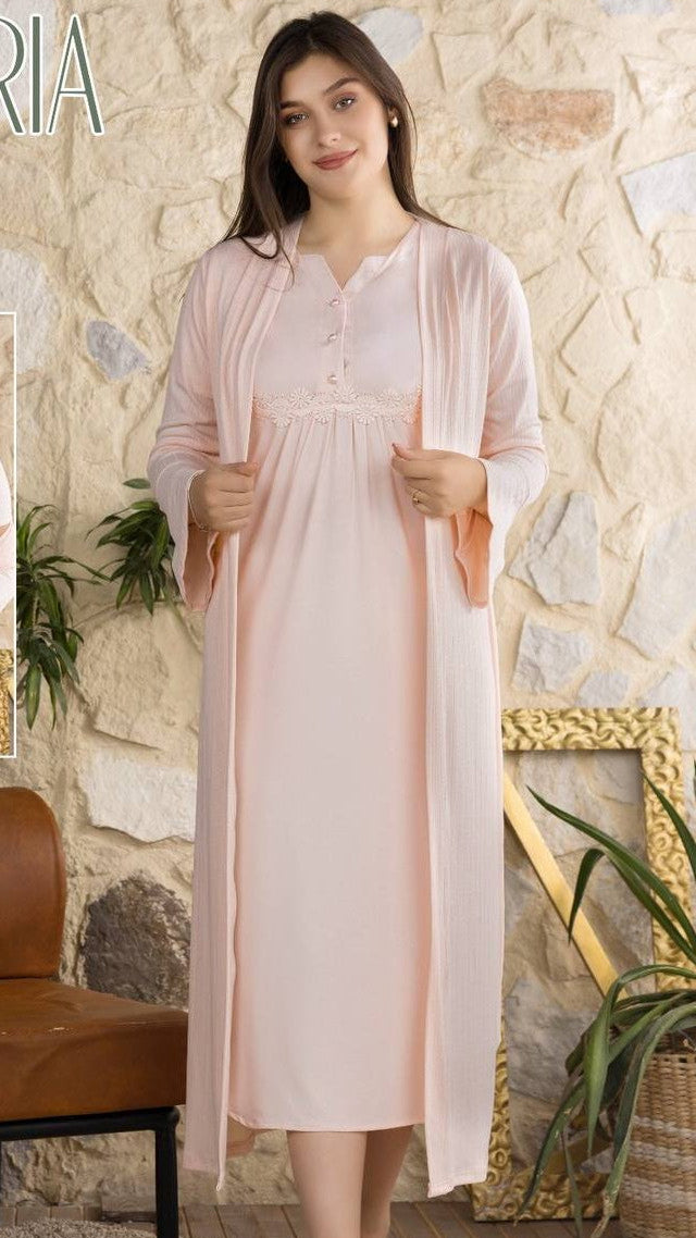Soft two-piece women's sleepwear set (long, comfortable-fit nightgown and a white, long-sleeved open robe) 40816