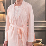 Women's two-piece sleepwear set (robe and pajamas) in soft pink and blue, featuring luxurious touches. 50216
