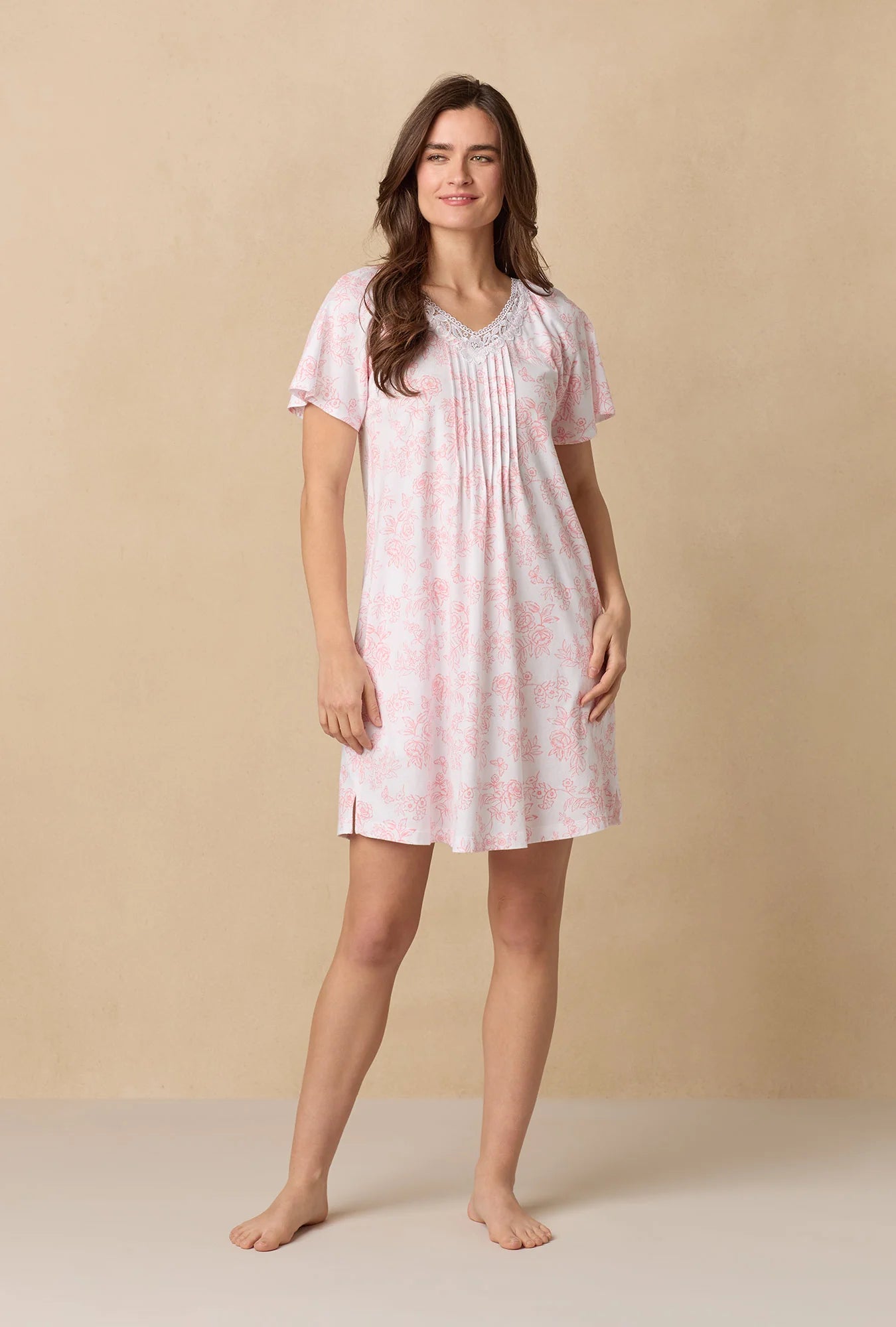 Coral Toile Flutter Sleeve Short Cotton Knit Nightgown 22672-817