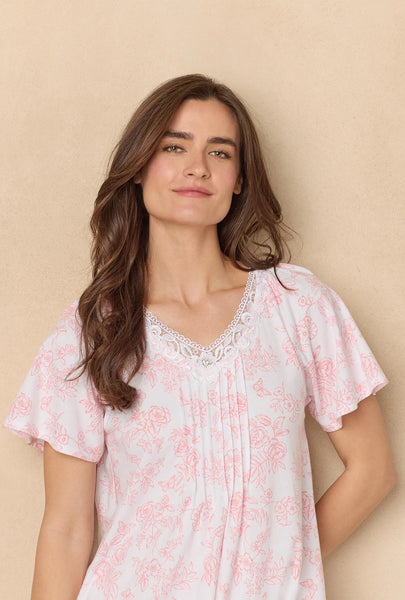 Coral Toile Flutter Sleeve Short Cotton Knit Nightgown 22672-817