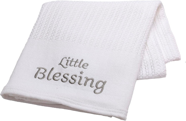 Cotton Knit Baby Blanket with Embroidery, Little Blessings, 30 in. x 40 in., White, Unisex 50756