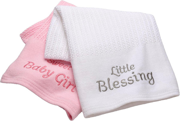 Cotton Knit Baby Blanket with Embroidery, Sweet Baby Girl, 30 in. x 40 in., Pink