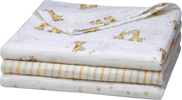 3 Pack Cotton Muslin Swaddle Blankets for Baby, 40" x 36", Lightweight, Breathable, Multicolored Print, (Little Me Giraffe) 50777