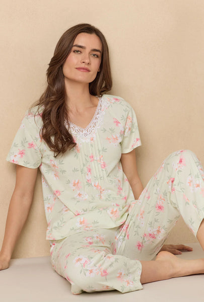Sage Floral Bloom Capri Cotton Knit Pajama Set 92672-363