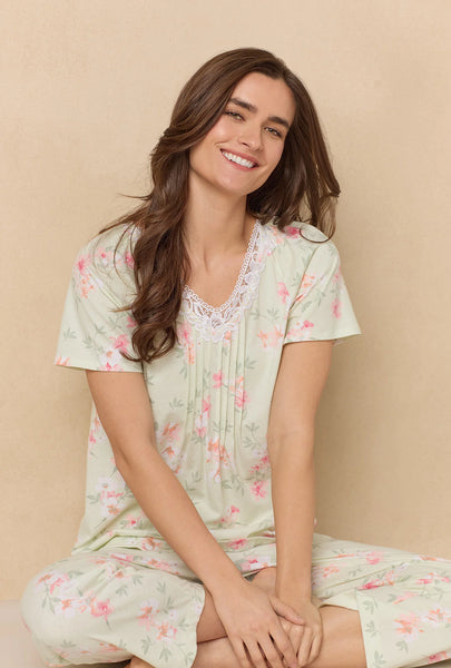 Sage Floral Bloom Capri Cotton Knit Pajama Set 92672-363
