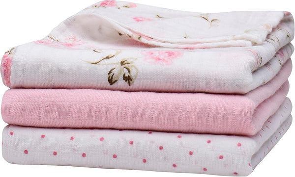 3 Pack Cotton Muslin Swaddle Blankets for Baby, 40" x 36", Lightweight, Breathable, Pink (Little Me Vintage Rose) 49752