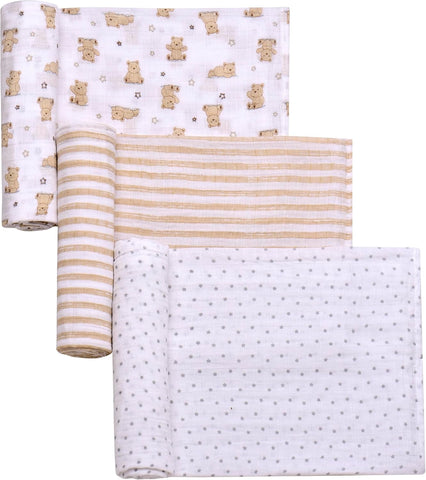 3 Pack Cotton Muslin Swaddle Blankets for Baby, 40" x 36", Lightweight, Breathable, Tan, (Little Me Bingle Bear) 49756