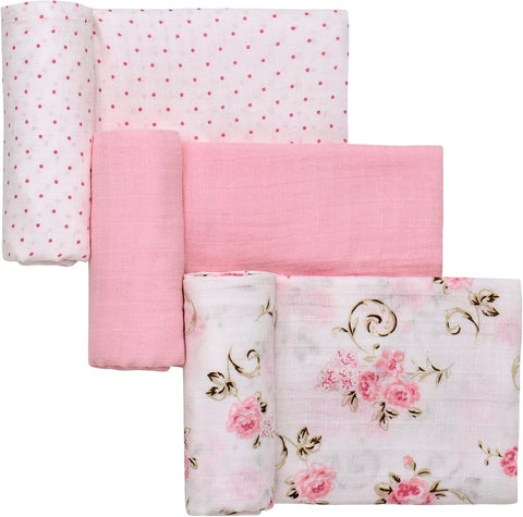 3 Pack Cotton Muslin Swaddle Blankets for Baby, 40" x 36", Lightweight, Breathable, Pink (Little Me Vintage Rose) 49752