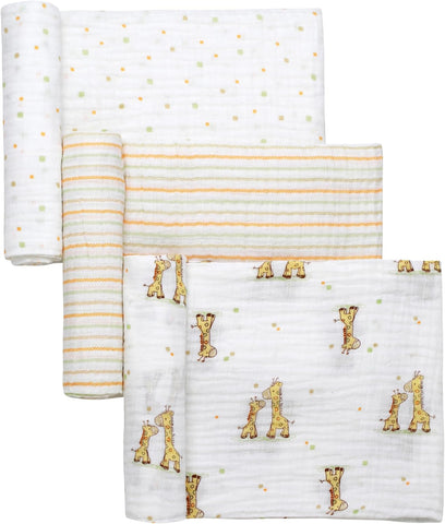3 Pack Cotton Muslin Swaddle Blankets for Baby, 40" x 36", Lightweight, Breathable, Multicolored Print, (Little Me Giraffe) 50777