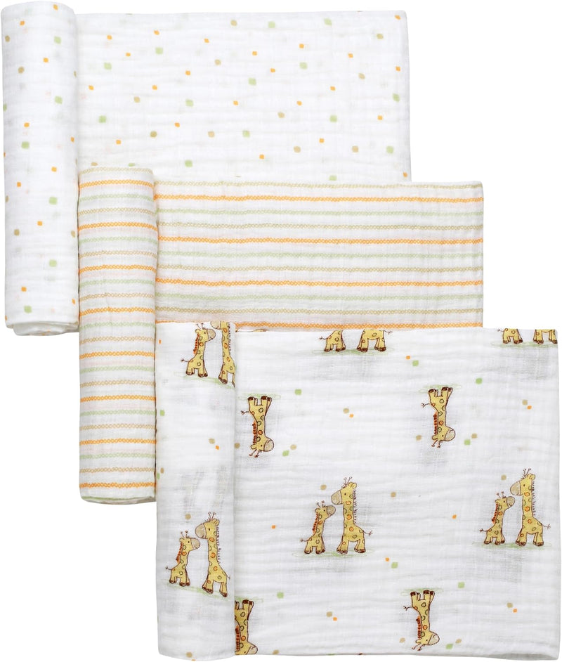 3 Pack Cotton Muslin Swaddle Blankets for Baby, 40" x 36", Lightweight, Breathable, Multicolored Print, (Little Me Giraffe) 52552
