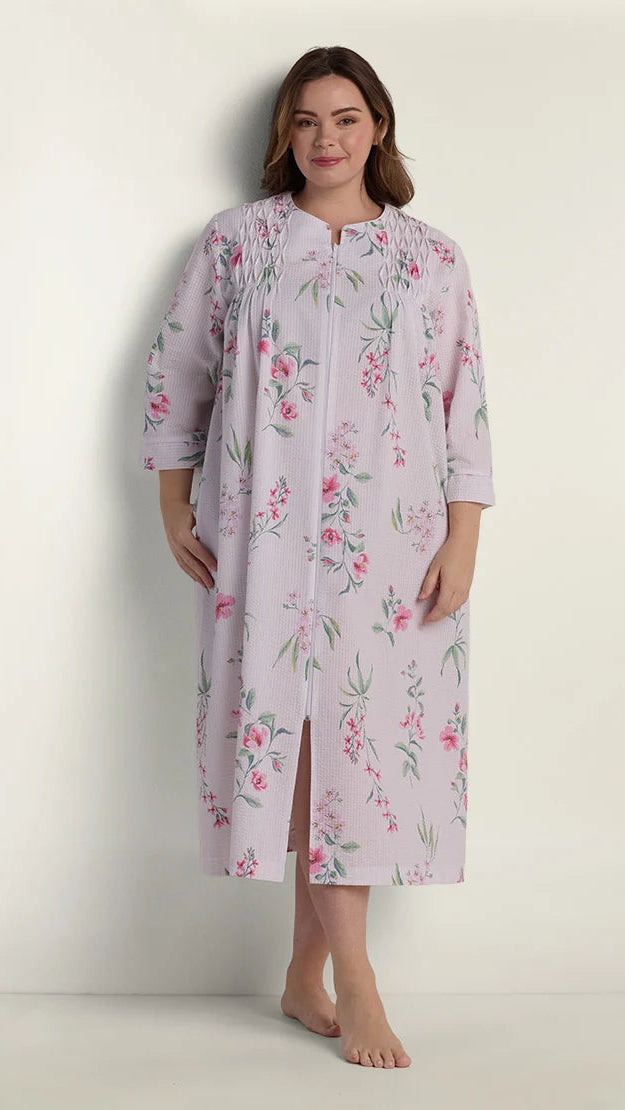 Seersucker Long Floral Robe with Zip-Up Front 867605-122