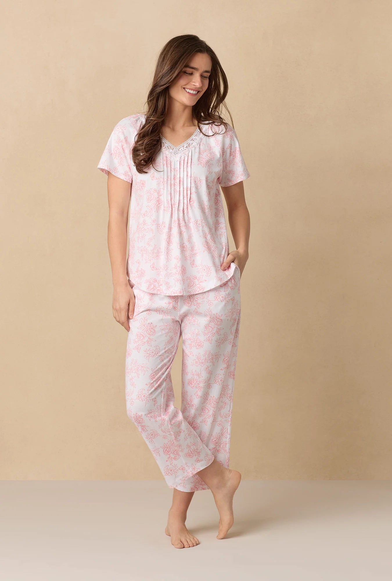 Coral Toile Capri Cotton Knit Pajama Set 92672-817-