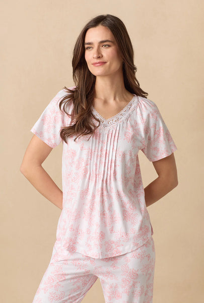 Coral Toile Capri Cotton Knit Pajama Set 92672-817-