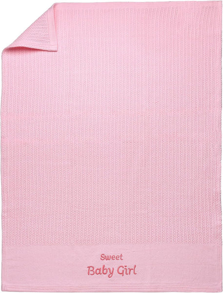 Cotton Knit Baby Blanket with Embroidery, Sweet Baby Girl, 30 in. x 40 in., Pink