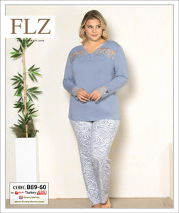 WOMEN'S LARGE SIZE OVERSIZED LACE DETAILED MODAL LONG SLEEVE PAJAMA SET FLZ B89-60