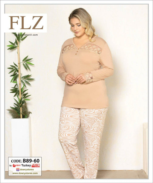 WOMEN'S LARGE SIZE OVERSIZED LACE DETAILED MODAL LONG SLEEVE PAJAMA SET FLZ B89-60