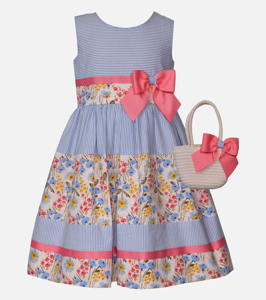Little Girls 2T-16 Sleeveless Mixed-Media Striped/Floral Fit-And-Flare Dress