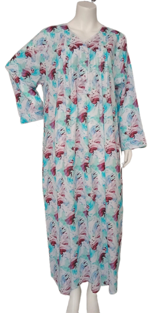 Long-sleeved dress in lightweight pure cotton with lace and front buttons 25-09-B-2