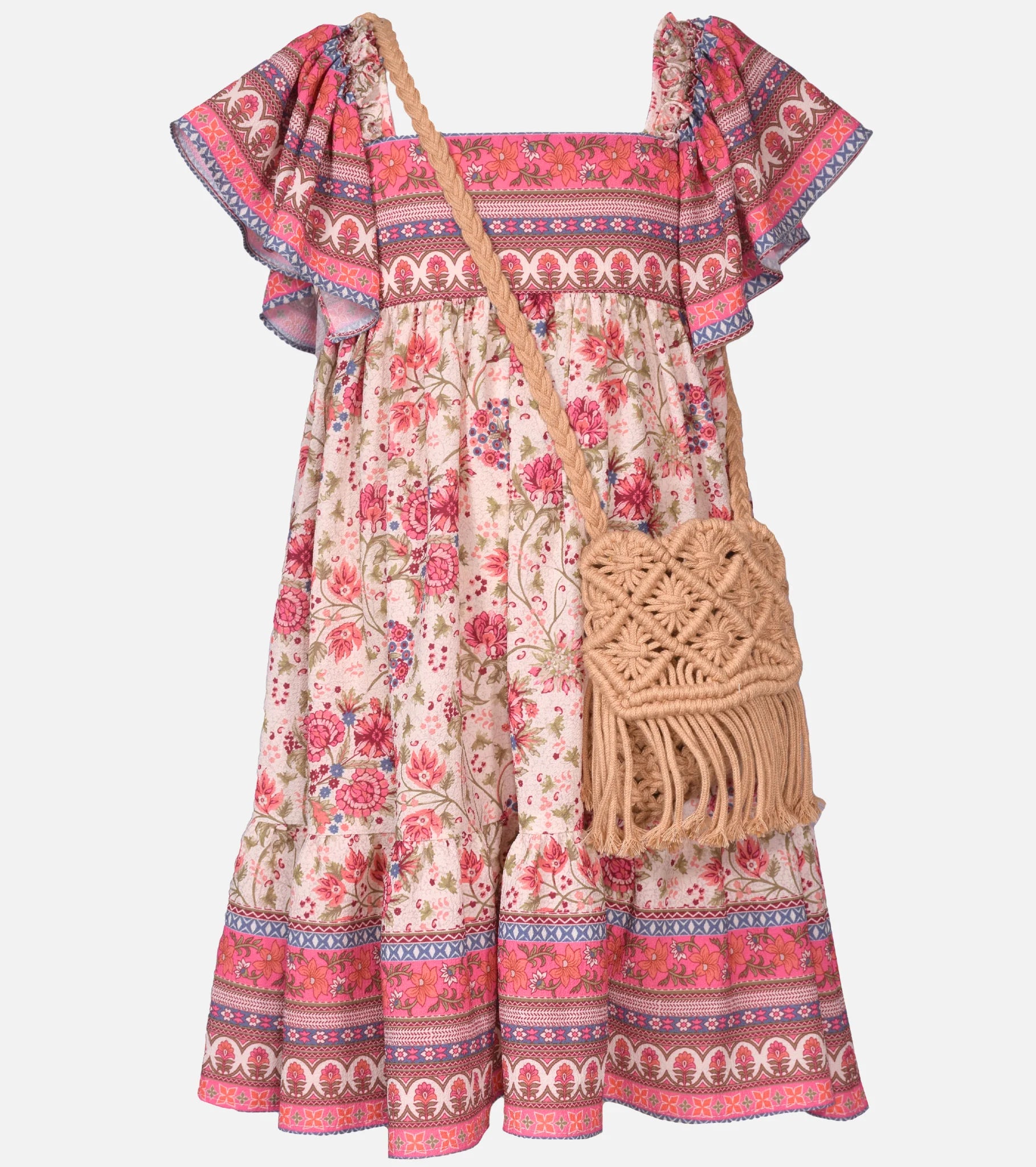 Lola Flutter Sleeve Dress with Macrame Bag 13399