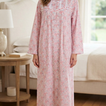 Long-sleeved dress in lightweight pure cotton with lace and front buttons 25-04-B-1