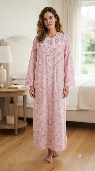 Long-sleeved dress in lightweight pure cotton with lace and front buttons 25-04-B-1
