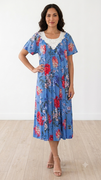 BLUE Floral Satin Ballet Nightgown(MIDI)7031
