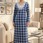 Product Title: Miss Nish London Long Nightgown – Stylish Checkered Design with Soft Lace Details 26-26-B-1
